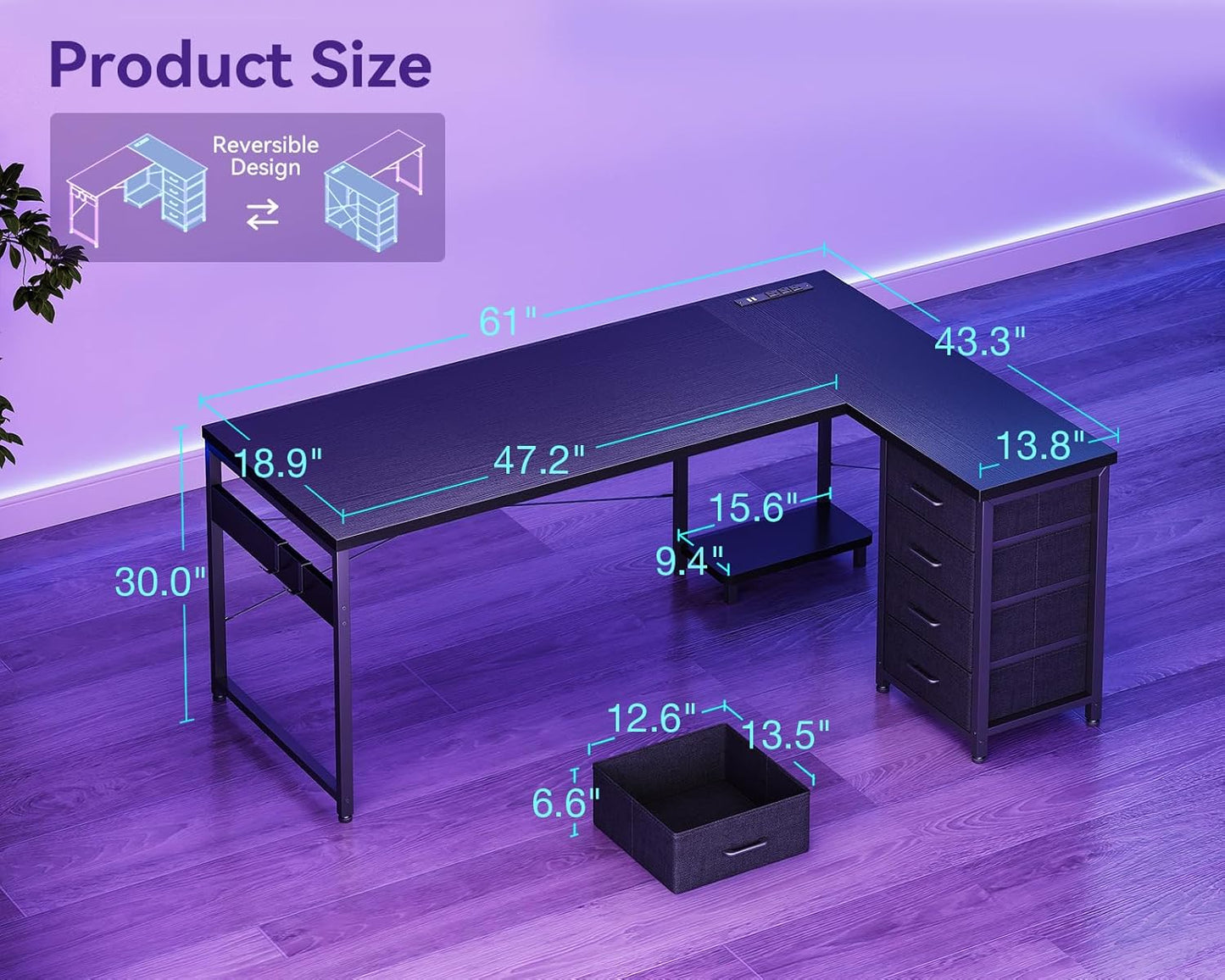 L Shaped Gaming Desk with 4 Drawers, 61" Reversible Home Office Desks with Power Outlets, L Shaped Computer Desk with USB Charging Port and Host Stand, Corner Desk, Easy to Assemble, Black