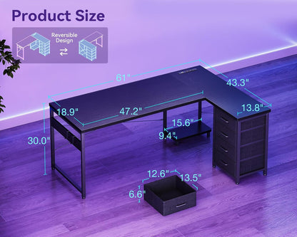 L Shaped Gaming Desk with 4 Drawers, 61" Reversible Home Office Desks with Power Outlets, L Shaped Computer Desk with USB Charging Port and Host Stand, Corner Desk, Easy to Assemble, Black