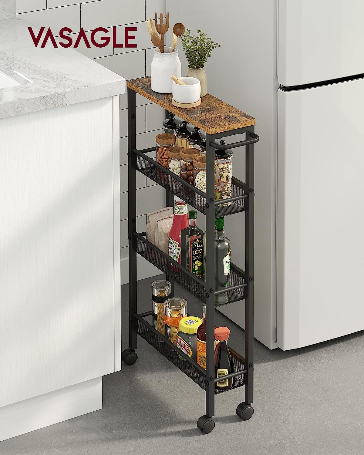 Slim Rolling Cart, 5-Tier Storage Cart, Narrow Carts with Handle, 5.1 Inches Deep, Metal Frame, for Kitchen, Dining Room, Living Room, Home Office, Rustic Brown and Classic Black ULRC034B01