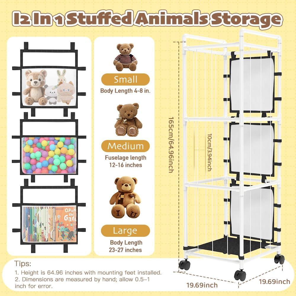 Stuffed Animal Storage with Storage Bags，Sturdy PVC Tubes，Toy Storage Organizer with Brake Wheels，Nursery Storage Shelf for Playroom Bedroom Nursery Room Kids Room