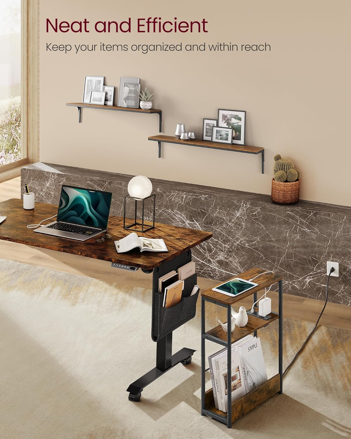 Side Table with Charging Station, Narrow End Table, 3-Tier Nightstand, Sofa Table for Small Spaces, Magazine Rack, for Living Room, Bedroom, Study, Rustic Brown and Ink Black ULET335K01