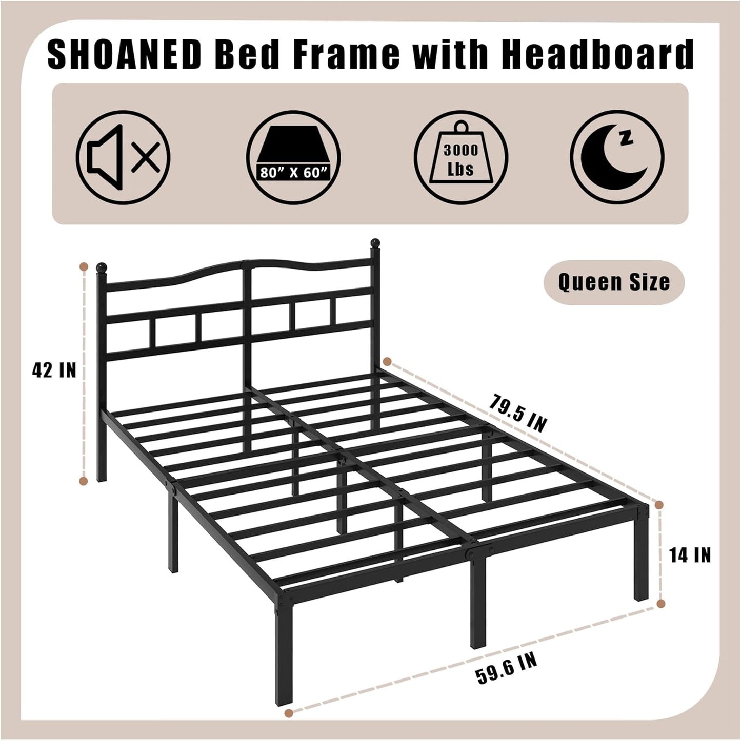 14 Inch Metal Bed Frame - Queen Size Heavy Duty Bedframe with Headboard Black Basic Steel Slats Platform No Box Spring Needed/Easy Assembly/Noise Free