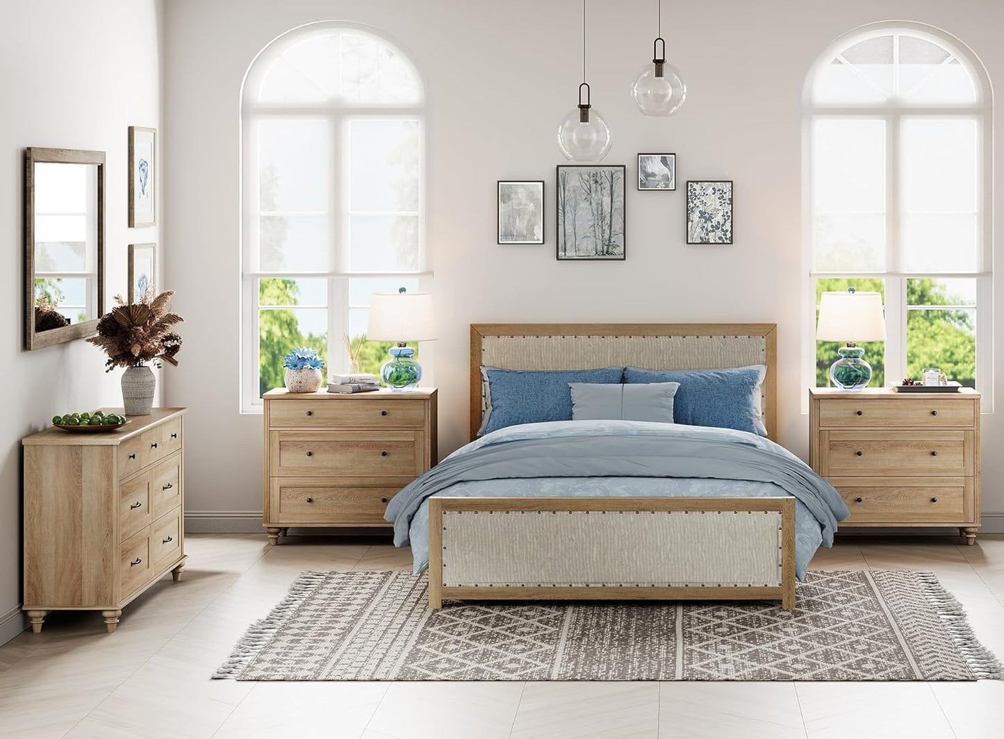 3 Piece Bedroom Set - Includes Farmhouse 7 Drawer Dresser, Set of 2 Bedside Tables with 3 Drawers, 3 Piece Dresser and Nightstand Sets, Oak