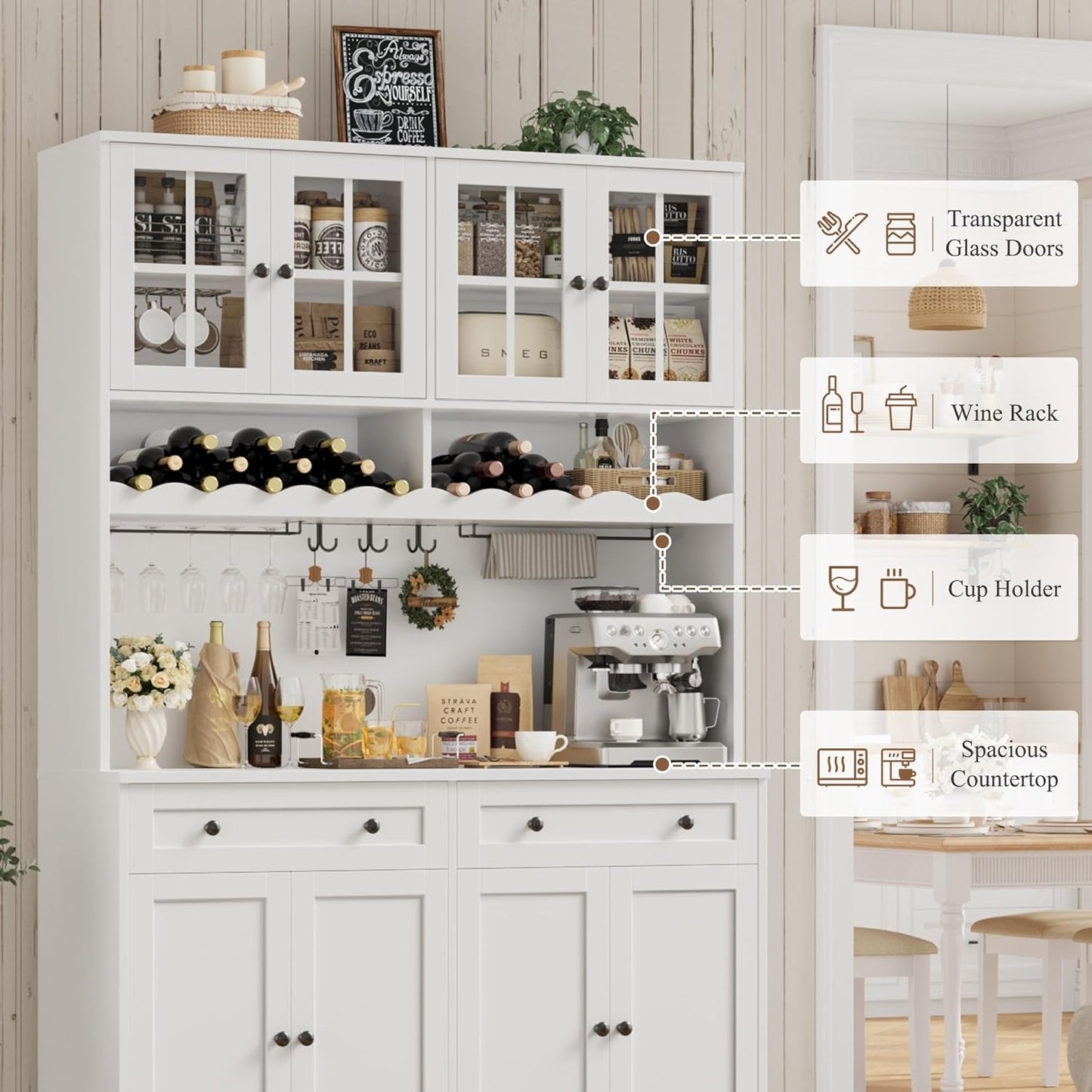 75.4" Tall Kitchen Pantry Cabinet with Charging Station, Modern White Kitchen Hutch with Microwave Stand and Wine Racks, Large Food Pantry Storage Cabinet with Glass Doors and Drawers, White