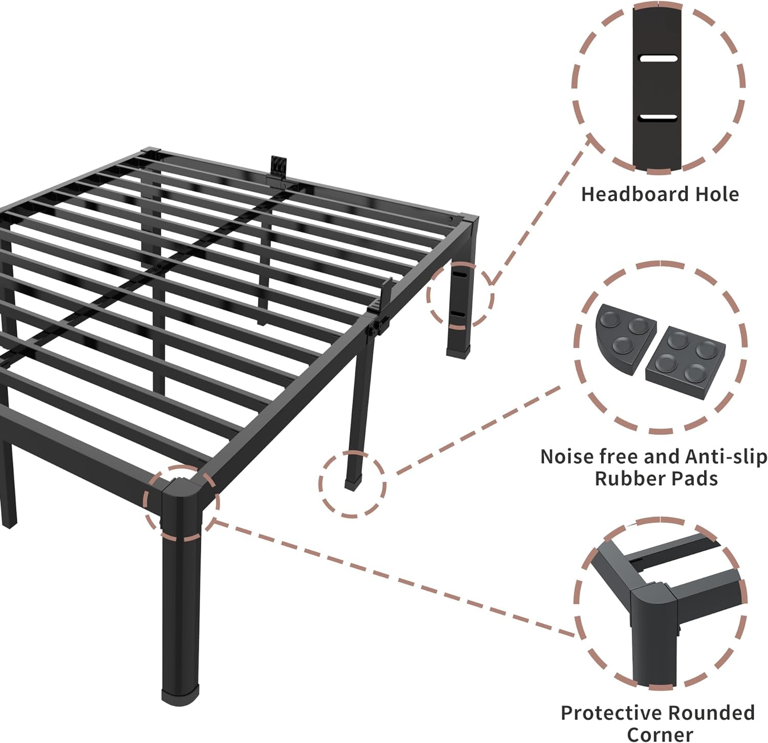 14 Inch Metal Queen Bed Frame with Rounded Corner and Headboard Hole Mattress Retainers 3500LBS Heavy Duty Steel Slats No Box Spring Needed Platform Noise-Free Easy Assembly