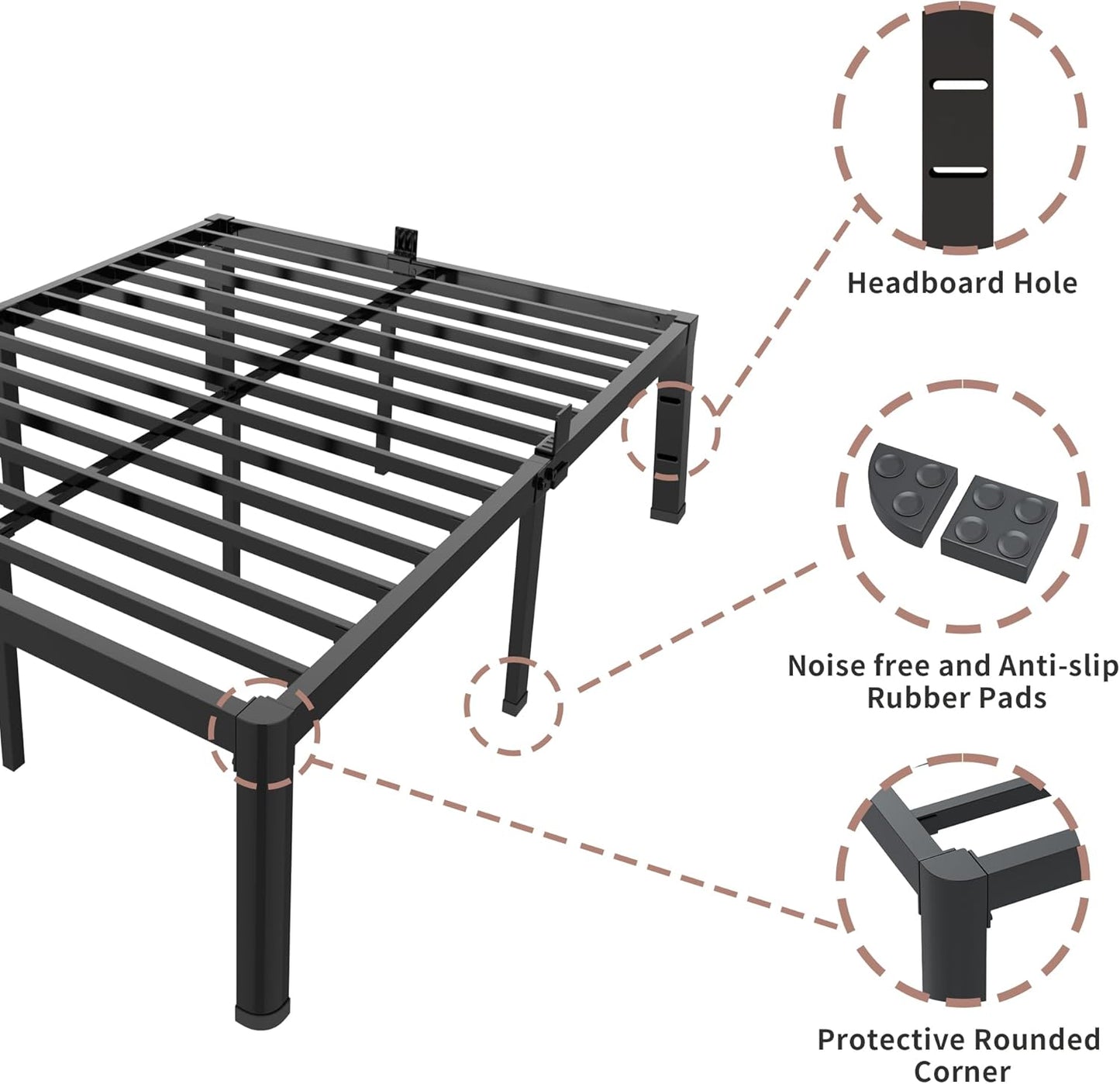 18 Inch Queen Bed Frame with Rounded Corner and Headboard Hole Mattress Retainers 3500LBS Metal Heavy Duty Steel Slats No Box Spring Needed Platform Noise-Free Easy Assembly