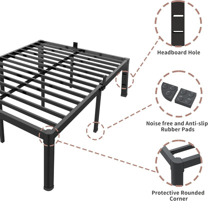18 Inch Queen Bed Frame with Rounded Corner and Headboard Hole Mattress Retainers 3500LBS Metal Heavy Duty Steel Slats No Box Spring Needed Platform Noise-Free Easy Assembly