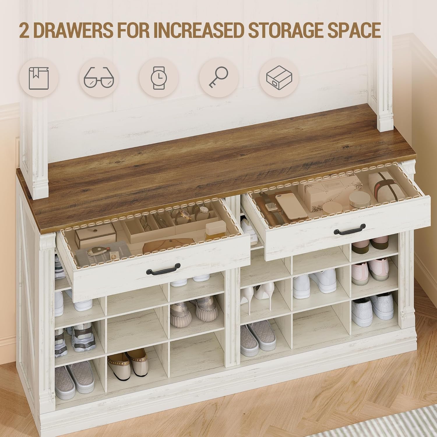 59" Farmhouse Hall Tree with Bench and Shoe Storage, LED Entryway Furniture with 8 Hooks, 24 Shoe Cubbies Hall Tree with Storage, Entryway Storages and Coat Rack Wood, Rustic White