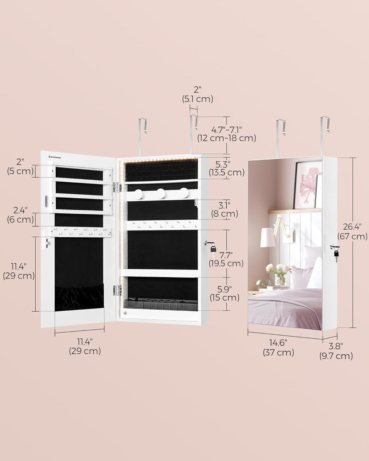 Mirror Jewelry Cabinet Armoire with Built-In LED Lights, Wall or Door Mounted Jewelry Storage Organizer, 3.8 X 14.6 X 26.4 Inches Hanging Mirror Cabinet, Gift Idea, White UJJC050W01