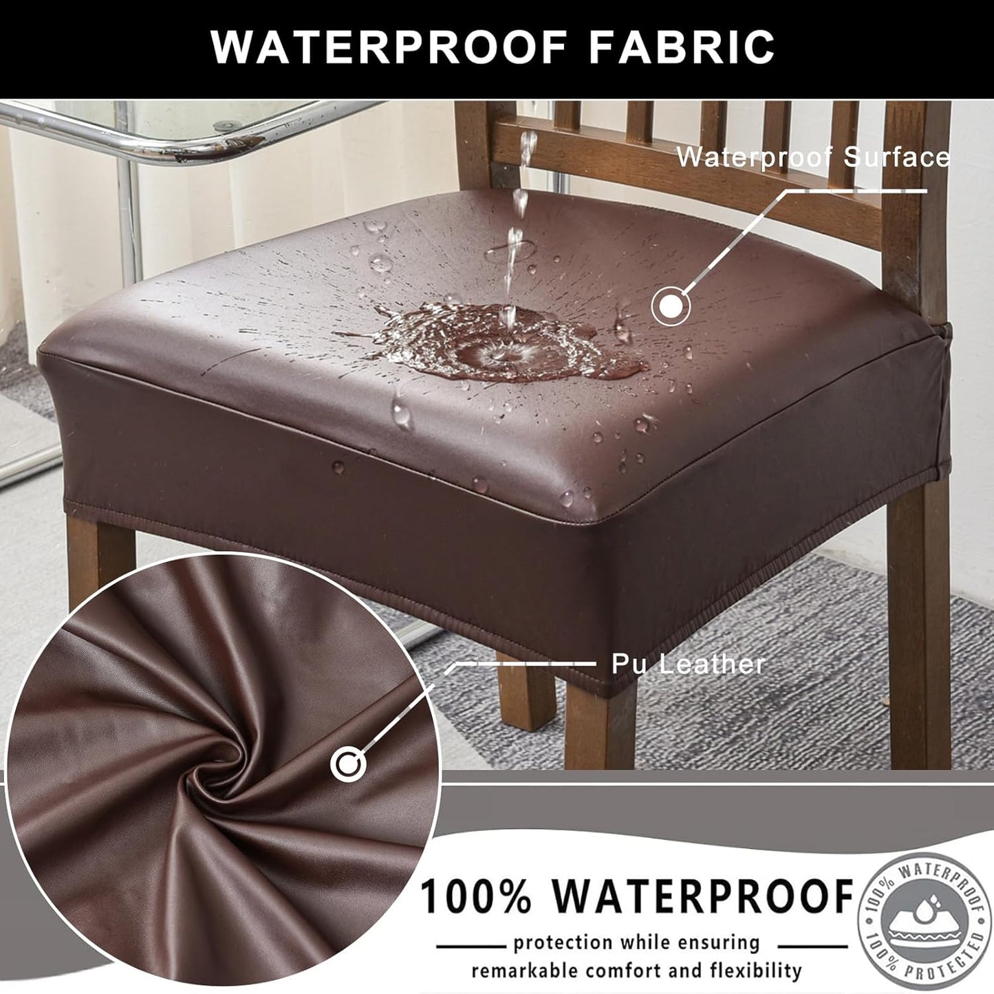 Waterproof Seat Covers for Dining Room Chairs Set of 4, Pu Leather Chair Seat Slipcovers Dining Chair Cover Removable Washable Chair Protctor Cover, Rear Covers (Pu-Coffee)
