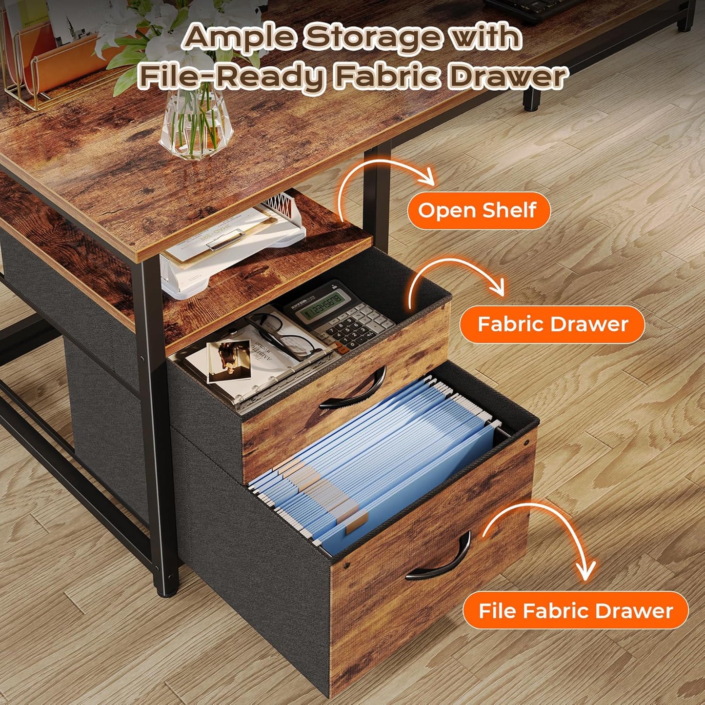 63 Inch L Shaped Desk with Power Outlets and USB-C Port, Computer Corner Home Office Desk with File Fabric Drawers and Movable Monitor Stand, Larger Storage, Gaming, Writing, Rustic Brown