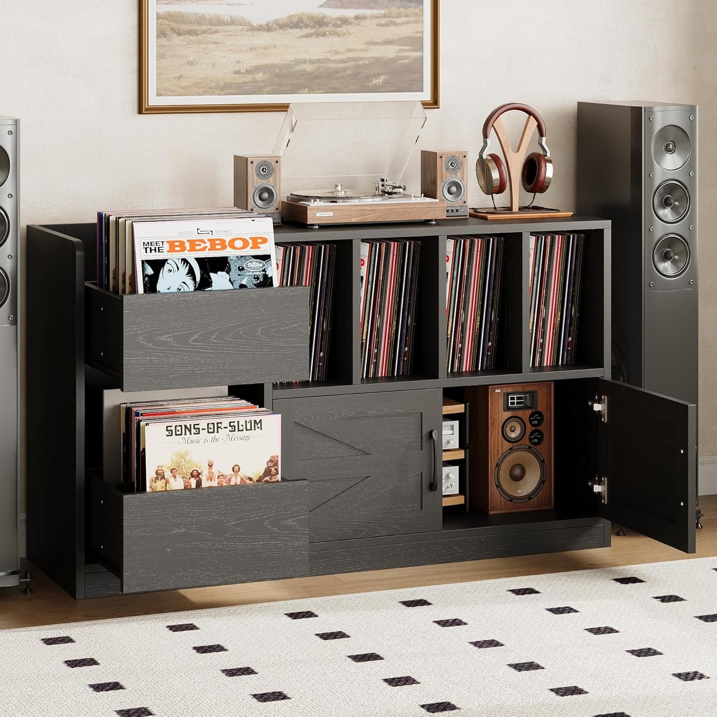 Record Player Stand, Vinyl Record Player Table with Storage Cabinet and Drawers, Mid Century Modern Turntable Stand Holds up to 600+ Albums for Living Room, Music Room, Black