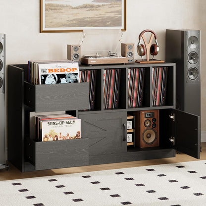 Record Player Stand, Vinyl Record Player Table with Storage Cabinet and Drawers, Mid Century Modern Turntable Stand Holds up to 600+ Albums for Living Room, Music Room, Black