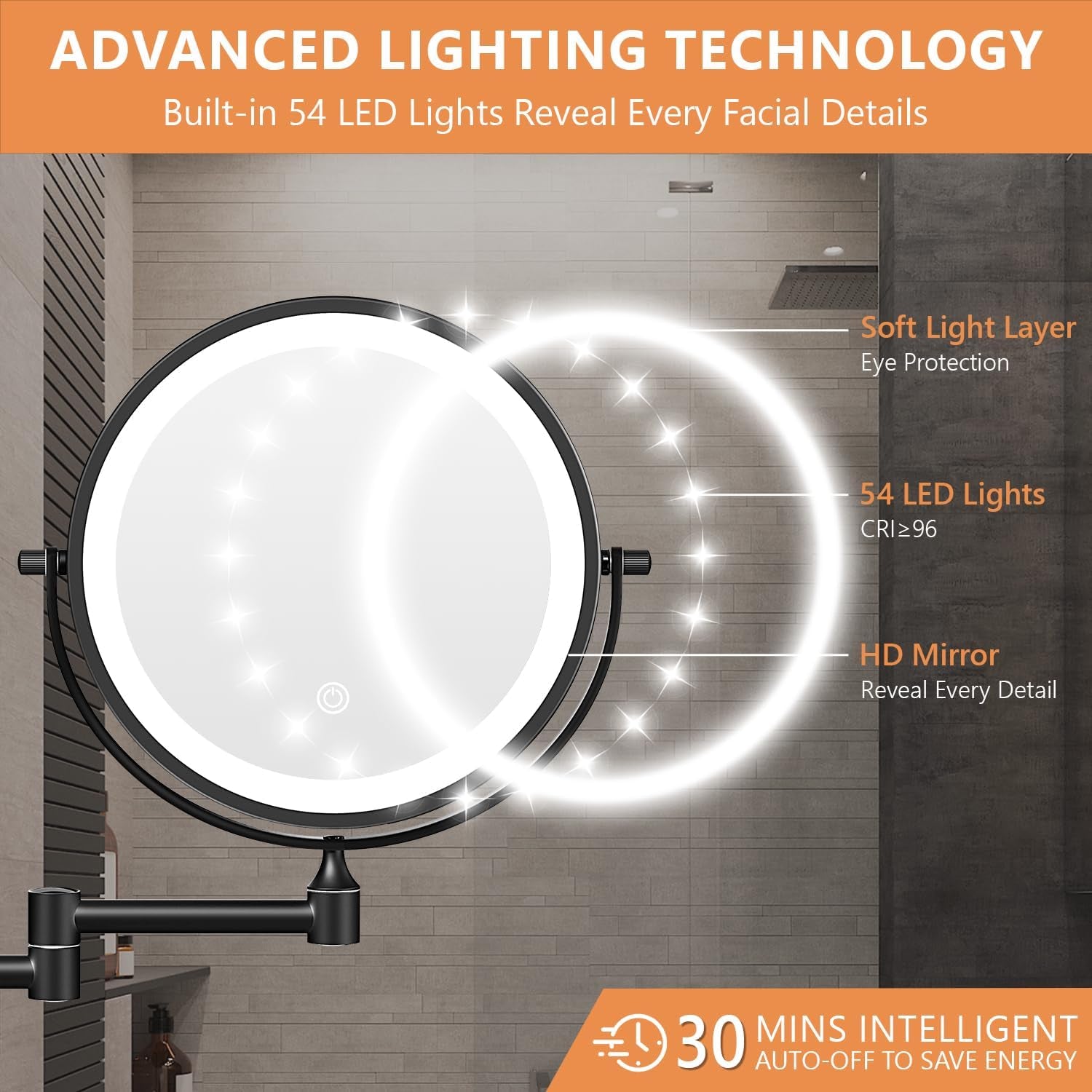8'' Wall Mounted Lighted Makeup Mirror, 3200Mah Rechargeable Double-Sided 1X/20X Magnifying Mirror with Light, Touch Dimmable 3 Color Light, 360° Rotation Foldable Extended Arm, Black