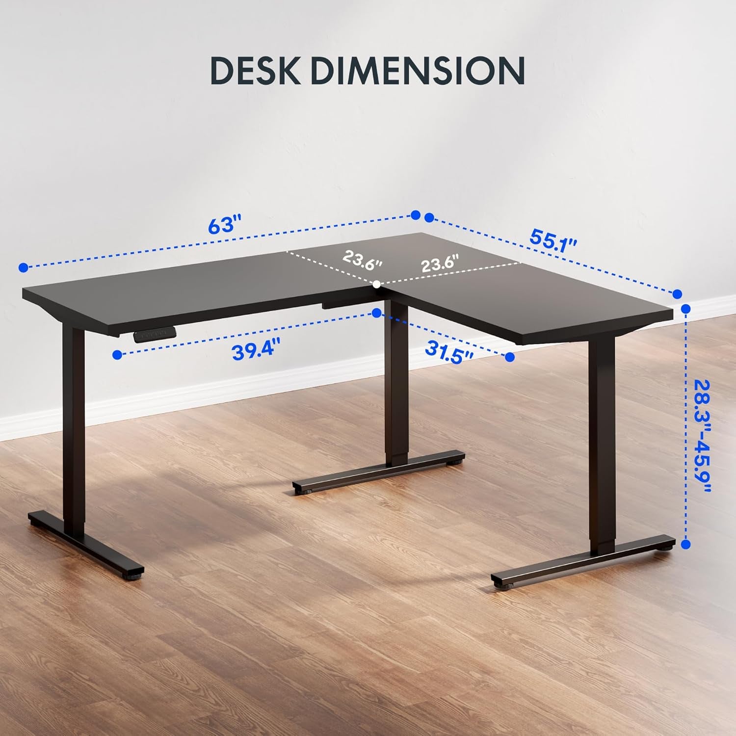 L Shaped Standing Desk, 63 X 55 Inch Electric Height Adjustable Corner Desk, Sit Stand Computer Workstation, Preset Controller, Home Office, Black Frame with Black Top