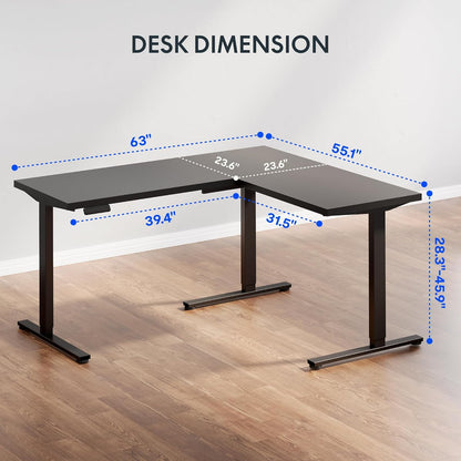 L Shaped Standing Desk, 63 X 55 Inch Electric Height Adjustable Corner Desk, Sit Stand Computer Workstation, Preset Controller, Home Office, Black Frame with Black Top