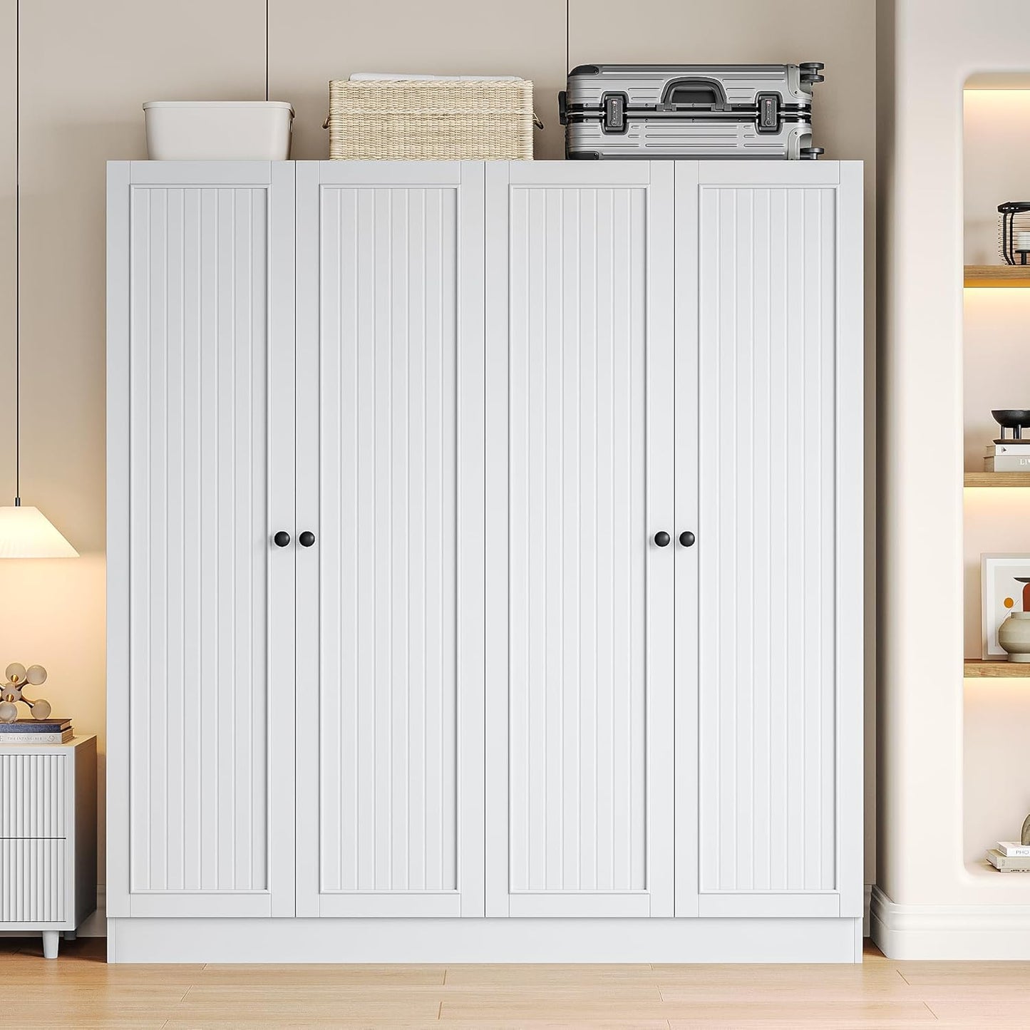 4 Doors Armoire Wardrobe Closet with 2 Drawers, 63" Large Wardrobe Cabinet with Removable Hanging Rods and Adjustable Shelves, Closet Storage Cabinet for Bedroom, Cloak Room, White
