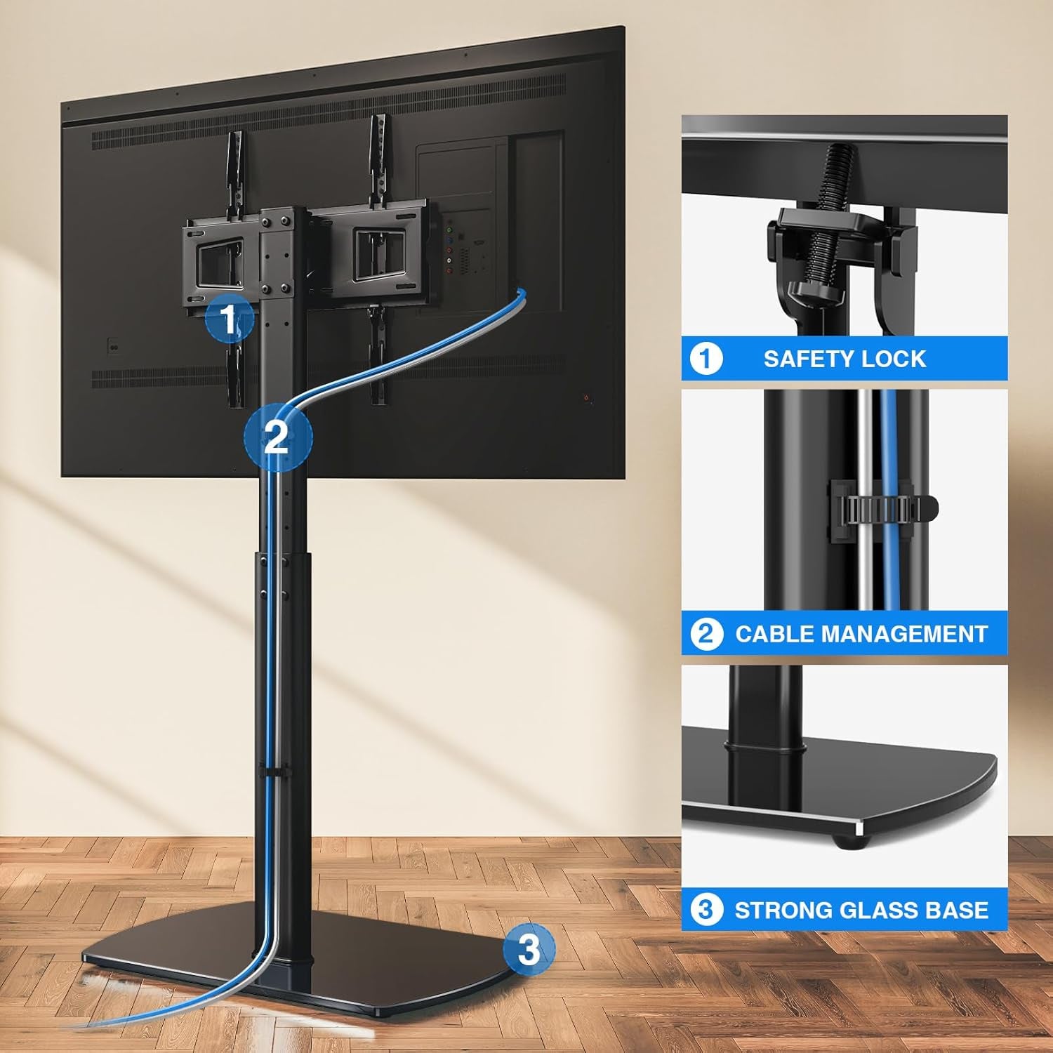 Universal TV Floor Stand with Mount for 27-70 Inch LCD LED OLED Tvs, Swivel Height Adjustable Tall TV Stand, Space Saving Design for Corner Bedroom Living Room, Black