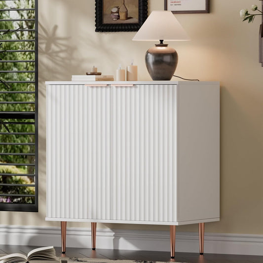 White Fluted Buffet Storage Cabinet,Wood Sideboard Buffet Cabinet with Adjustable Shelf & Rose Gold Colored Metal Legs, Accent Cabinet for Living Room,Kitchen, Assemble Easily