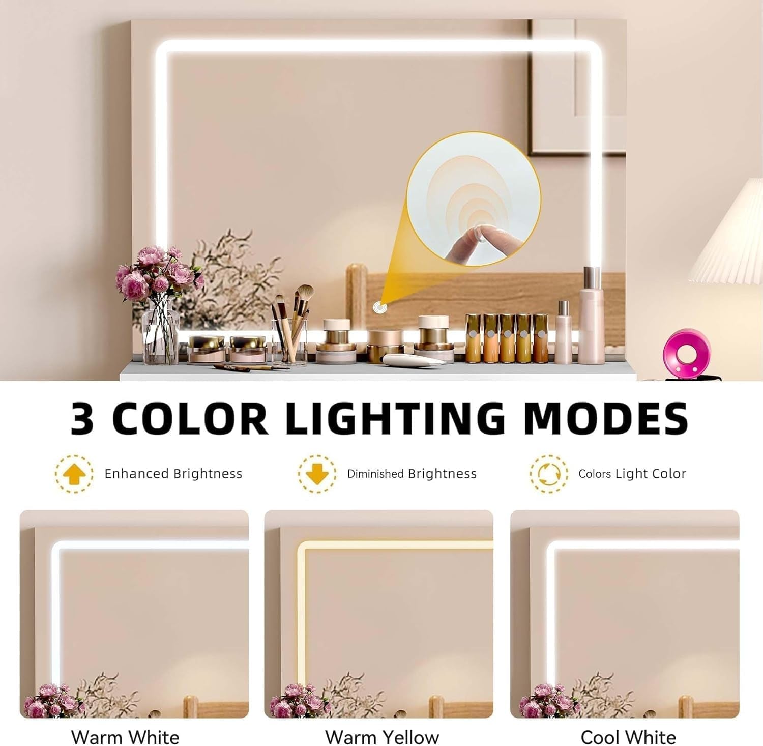 Makeup Vanity with Large Mirror and LED Lights, Vanity Desk Set with Power Outlet & Chair & 3 Lighting Colors, 4 Drawers, Dressing Table Stool Set for Dressing Room, Pearl White