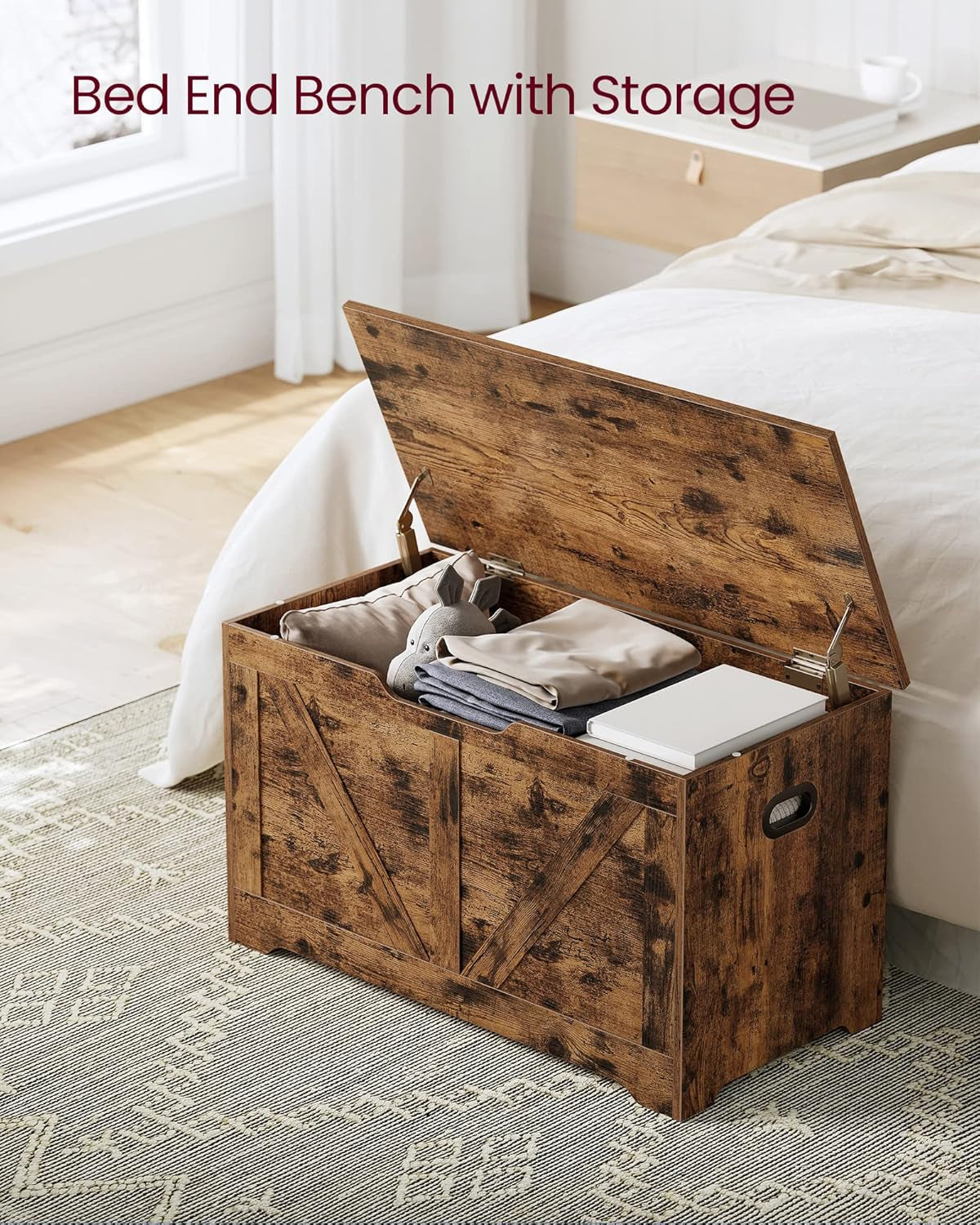 Storage Chest, Storage Trunk with 2 Safety Hinges, Storage Bench, Shoe Bench, Farmhouse Style, 15.7 X 31.5 X 18.1 Inches, for Entryway, Bedroom, Living Room, Cloud White ULSB062T14