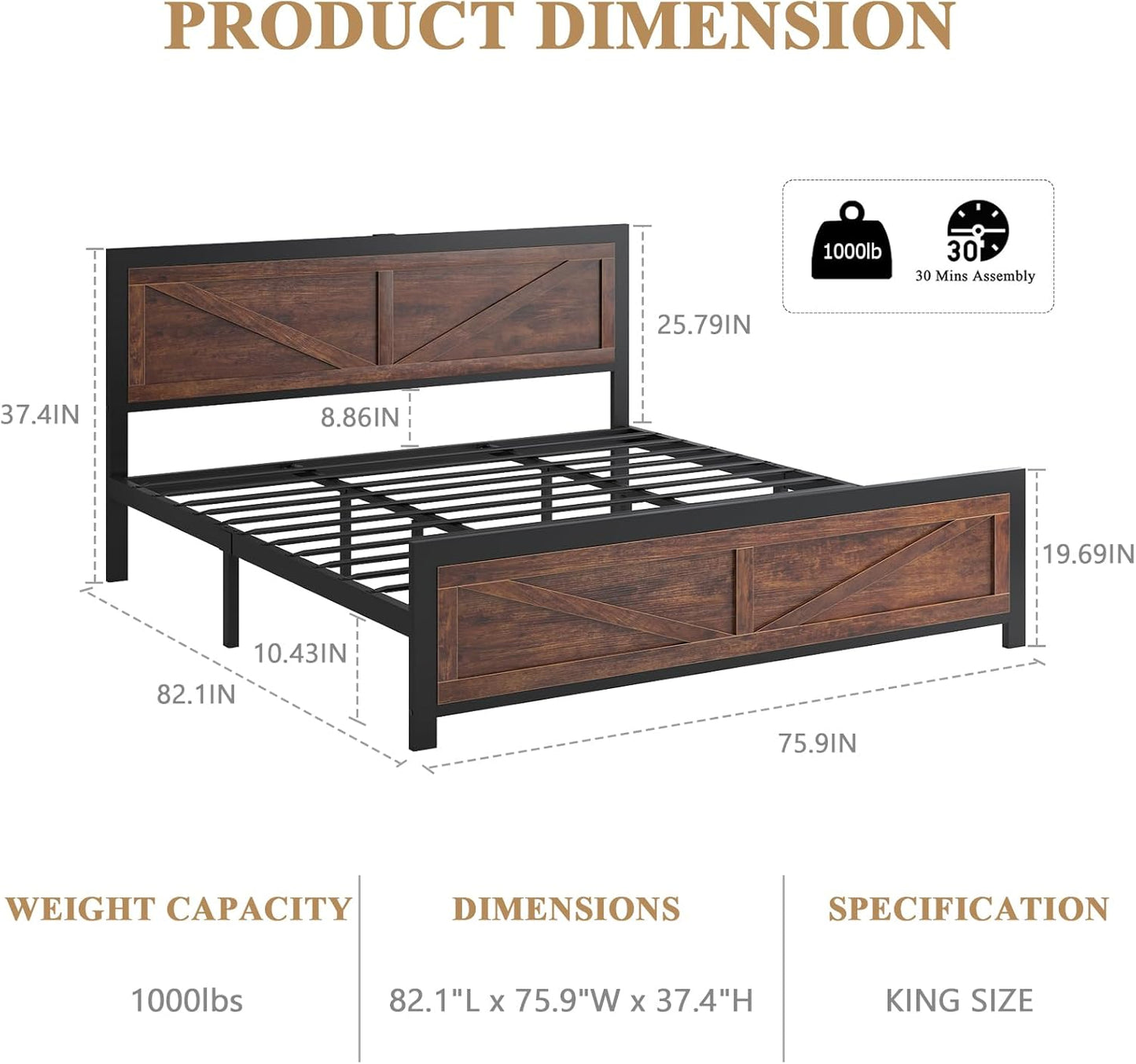 Led Bed Frame King Size with Charging Station, Industrial Platform Bed Frame with Rustic Barn Door Wood Headboard, Strong Metal Slats Support, Noise Free, No Box Spring Needed, Brown