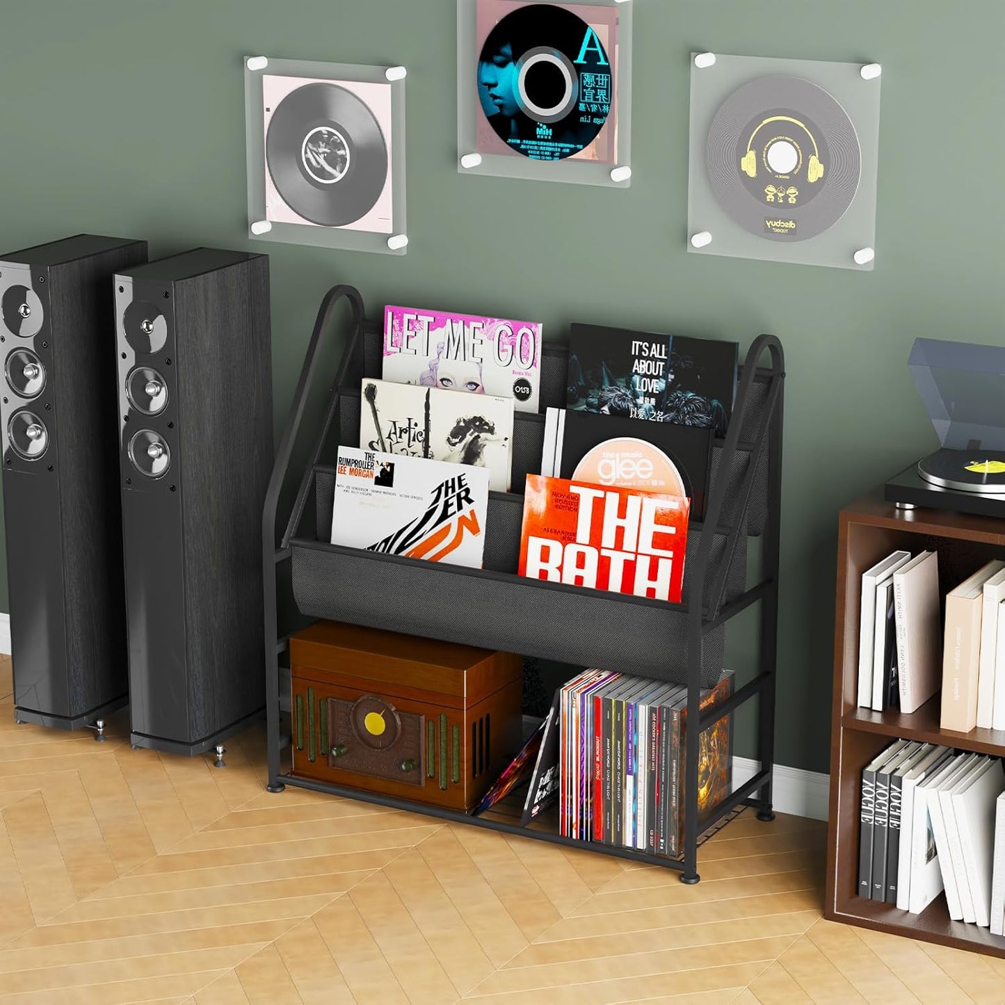 Vinyl Record Storage with Vinyl Shelf Display, Large Capacity Record Player Stand up to 300 Albums 12" D X 31" W X 33" H, Vinyl Record Holder for Lp/Cd/Dvd/Magazine/Books/Album, Black
