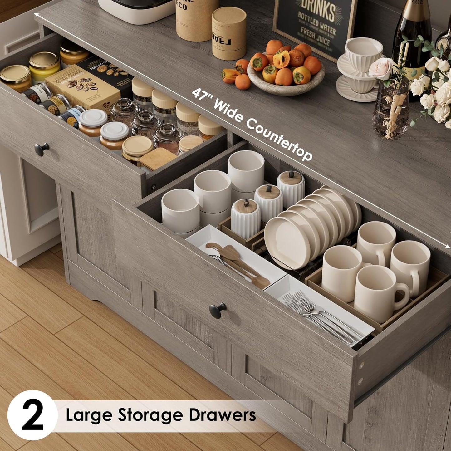 71" LED Kitchen Pantry Cabinet with Power Outlet, Large Kitchen Hutch Storage Cabinet with Arched Door, Shelves, 2 Drawer, Tall Farmhouse Coffee Bar W/Hutch for Home Dining Living Room, Ash Grey