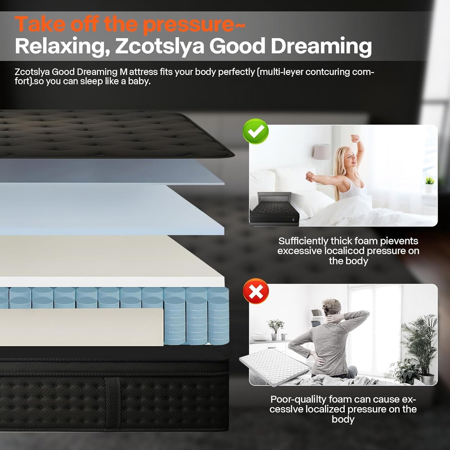 Queen Mattress, 10 Inch Hybrid Mattress in a Box, Medium Firm, Memory Foam and Individual Pocket Springs for Motion Isolation, Comfortable and Pressure Relief, Black