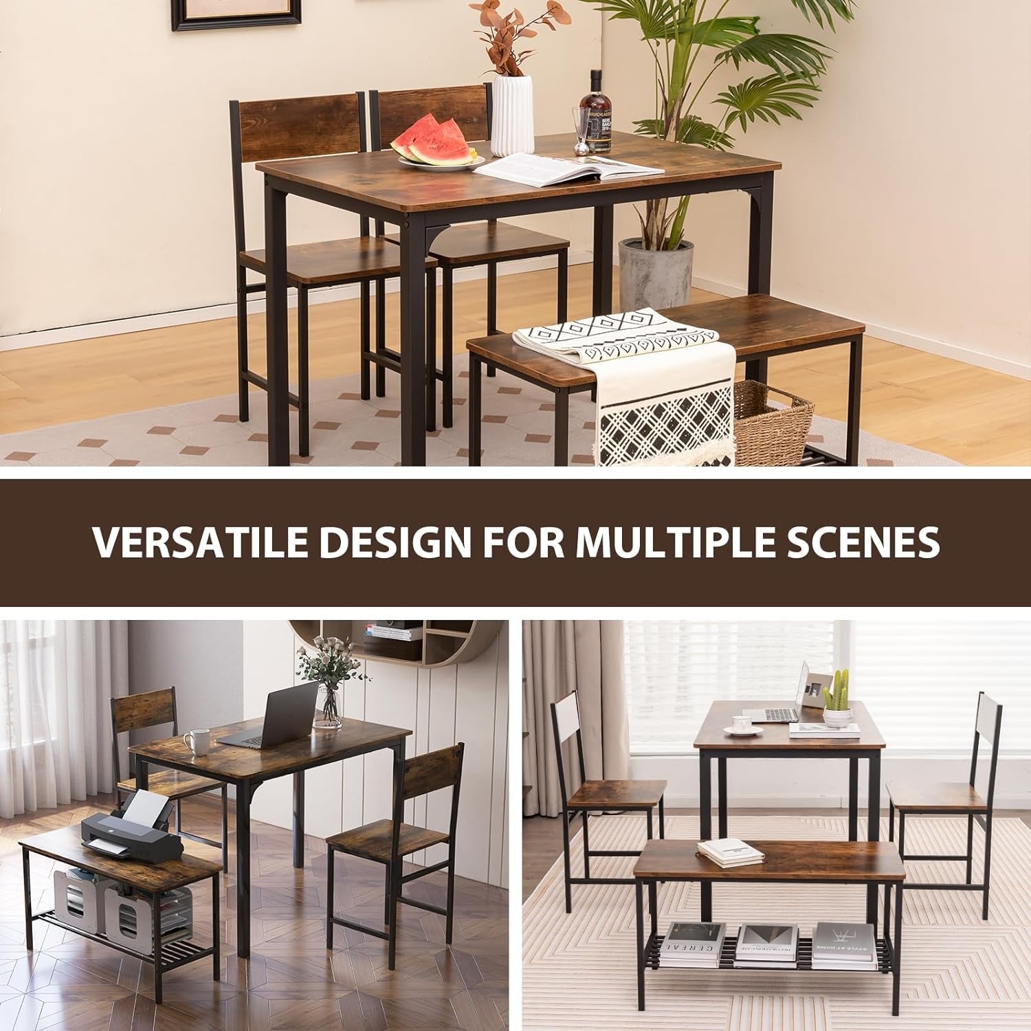 Dining Table Set for 4, Kitchen Table and 2 Chairs for 4 with Bench, 4 Piece Dining Table Set for Small Space, Apartment