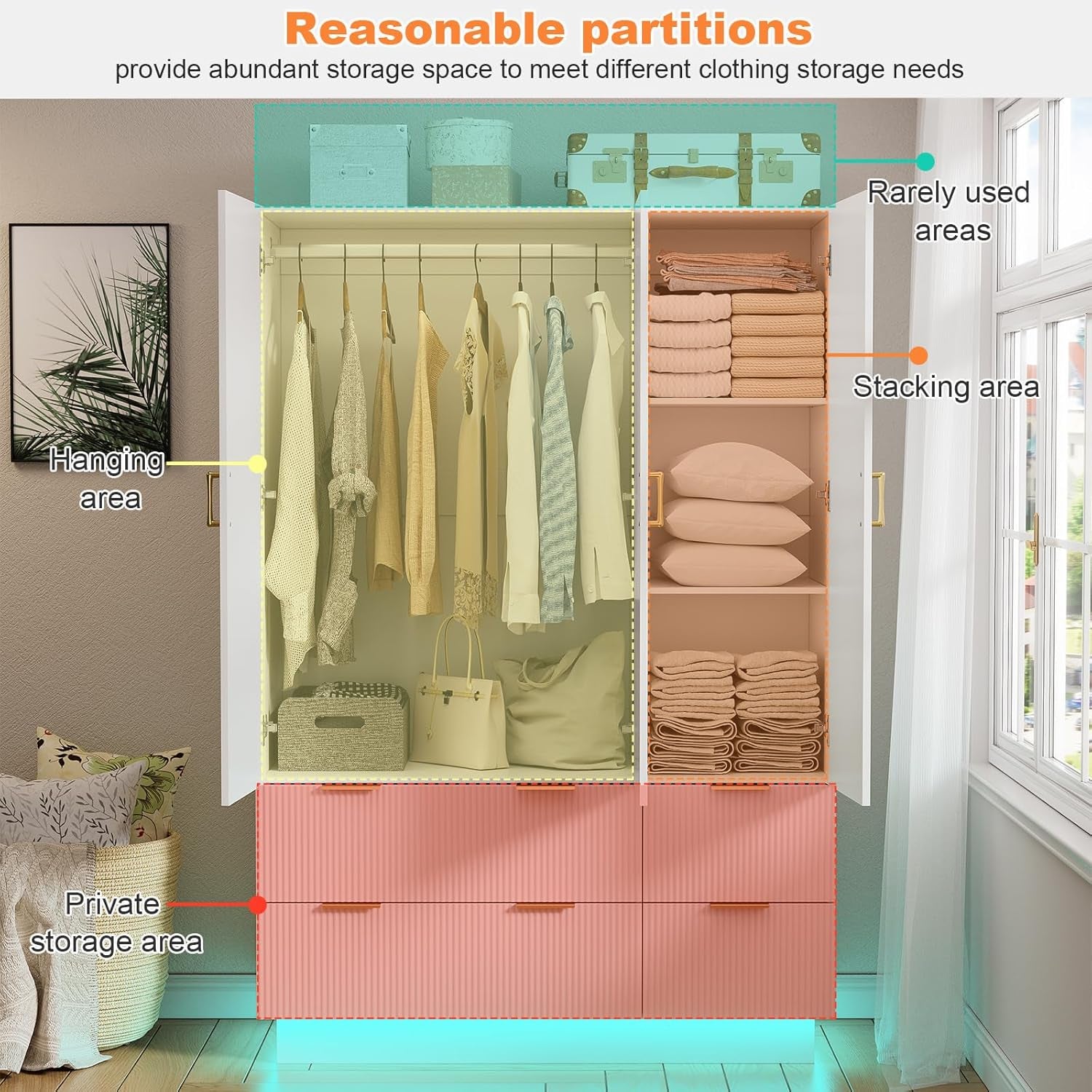 Armoire Wardrobe Closet with 3 Door, Bedroom Armoires with Mirror and LED Lights, Hanging Rod, Drawers, Large Capacity Storage Wardrobe Armoire for Bedroom