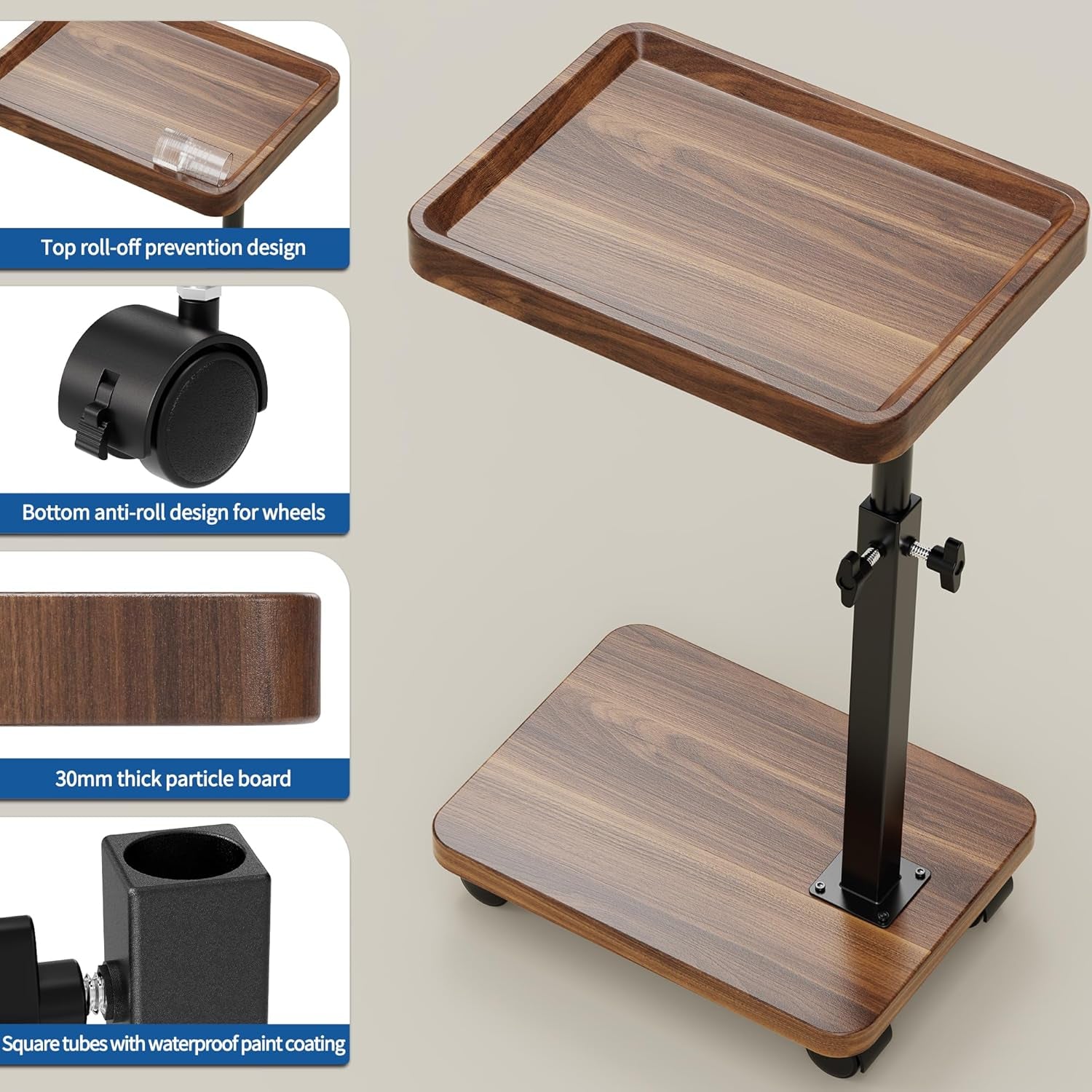 C Table End Table Adjustable Height, 360°Swivel TV Tray Table for Small Spaces, Side Tables with Wheels for Living Room and Bedroom, Bed (Walnut) | Adjustable Height, 360°Swivel, for Small Spaces, Couch Tables, That Slide Under, with Wheels