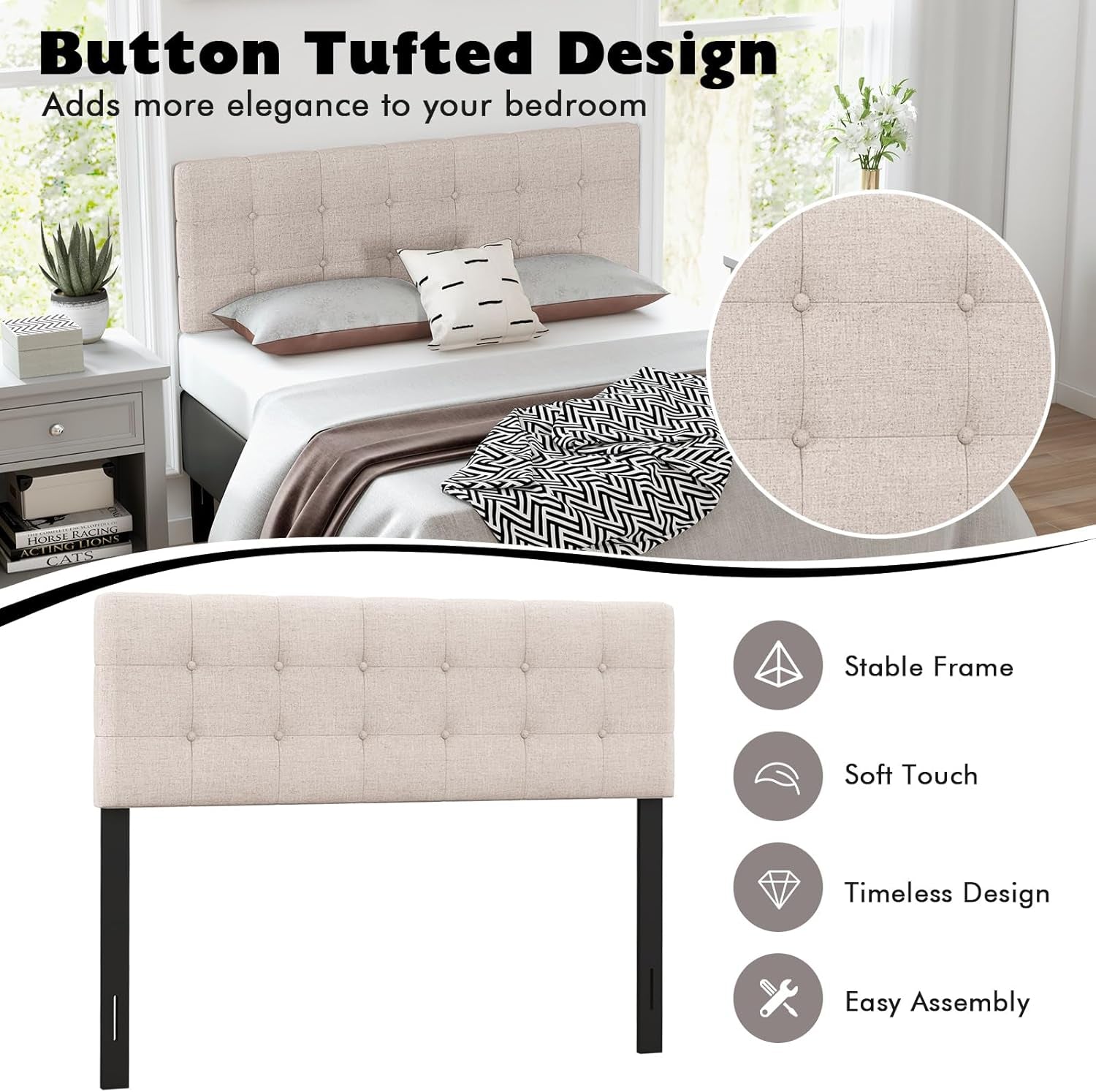 Linen Upholstered Headboard, Adjustable Width Button Tufted Headboard Only with Solid Wood Legs, Attach Frame, Modern Headboards for Queen Full Size Bed, Beige