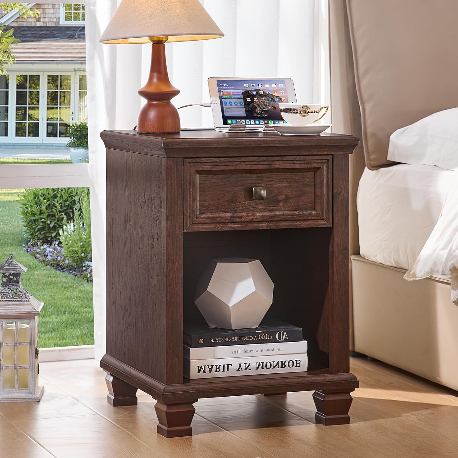 Farmhouse Night Stand with Charging Station, Rustic Wood Nightstand with Drawer, End Side Table for Living Room, Bedside Table with Open Shelf for Bed Room, Walnut