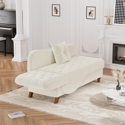 Chaise Lounge Chair Indoor with Storage, Adjustable Backrest Recling Reading Chair Sleeper Sofa Bed with Pillow, 3 in 1 Velvet Futon Lounge Chair for Living Room Bedroom, Beige White