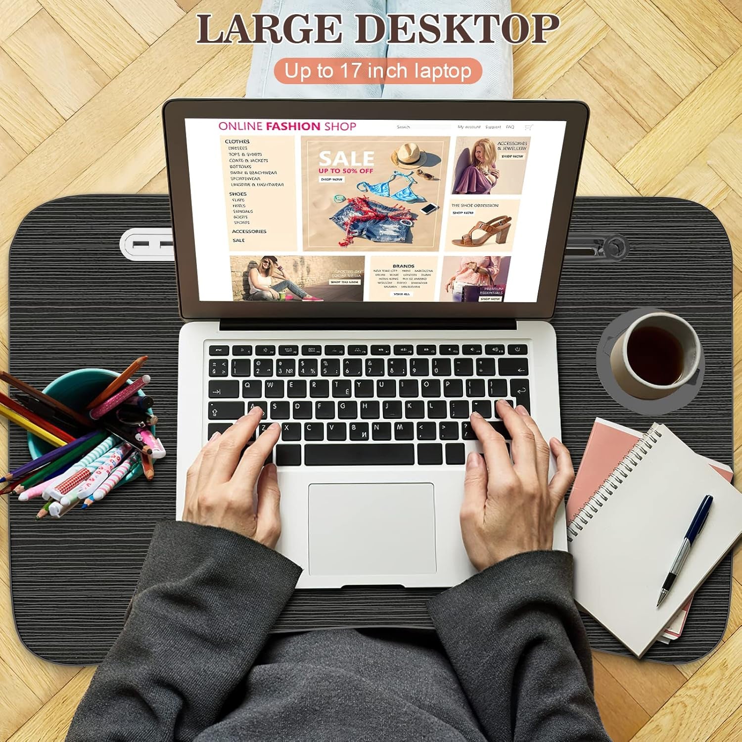 Laptop Lap Desk, Foldable Laptop Table Tray with 4 USB Ports Storage Drawer and Cup Holder, Lap Bed Desk Notebook Stand Laptray Portable Standing Table for Bed Couch Floor