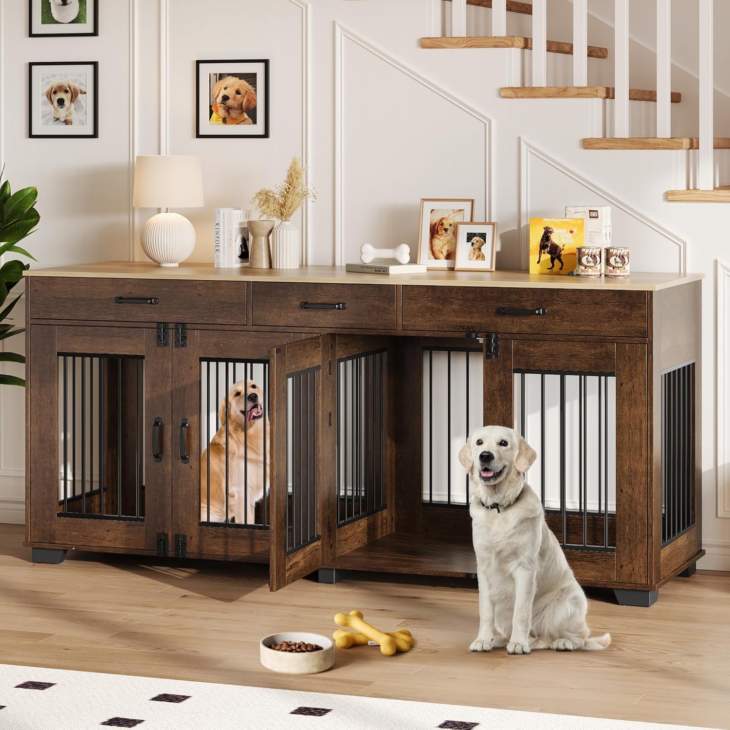 71 in Dog Crate Furniture for 2 Rooms, Wooden Double Crate Large Breed with Door, Dog Kennel Indoor, TV Stand End Table with Divider for Large Medium Dogs,White/Brown