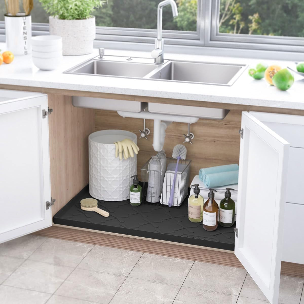 25" X 22" under Sink Mat Waterproof, Silicone Mat Kitchen Drawer Shelf and Cabinet Liner, Sink Protector for Kitchen Organizers and Storage, Boot Tray Pet Food Mats