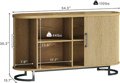 Sideboard Buffet Cabinet with Storage, 54.3" Fluted Tambour, Adjustable Shelves, Mid Century Modern Console for Living Room Kitchen