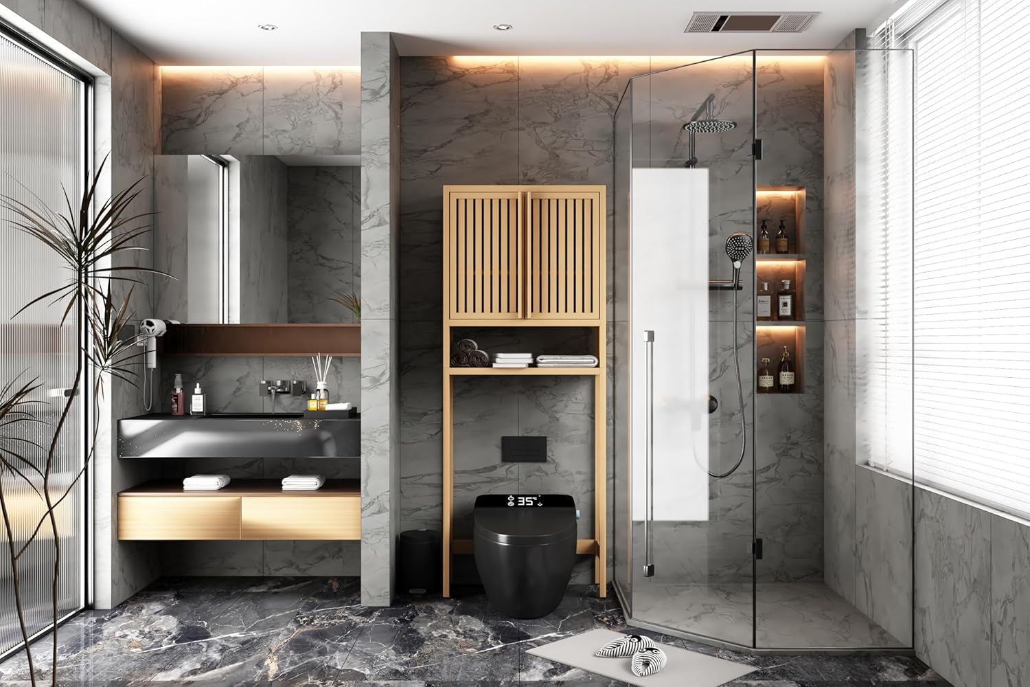 Bamboo over the Toilet Storage Cabinet - 67" Tall Freestanding Toilet Storage with 2 Doors & Open Shelf, Extra Large Capacity Space Saver for Bathroom, Laundry Room (Natural)