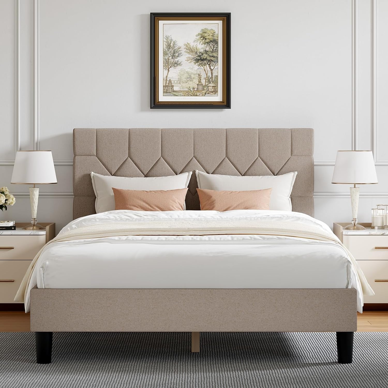 Queen Bed Frame with Headboard, Bed Frame Queen Size with Wood Slats Support, Linen Upholstered Pull-Point Headboard, No Box Spring Needed, Heavy Duty Feet, Easy Assembly, Beige