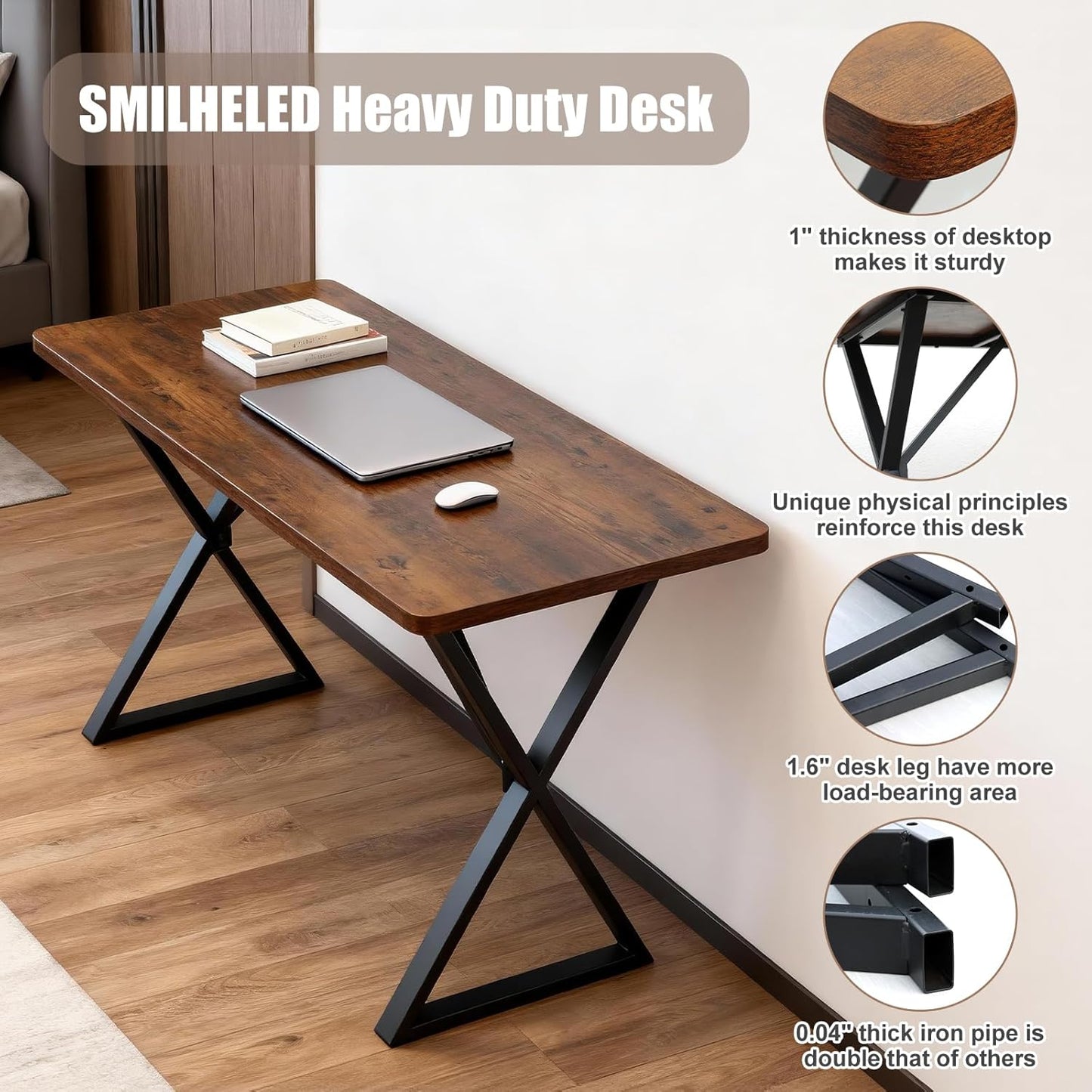 Heavy Duty Office Desk Industrial Grade Computer Desk with 1" Thick Desktop & 1 Mm Reinforced Metal Frame Sturdy Workstation for Home Office Gaming Dorm 47.2" W X 23.7" D X 29" H