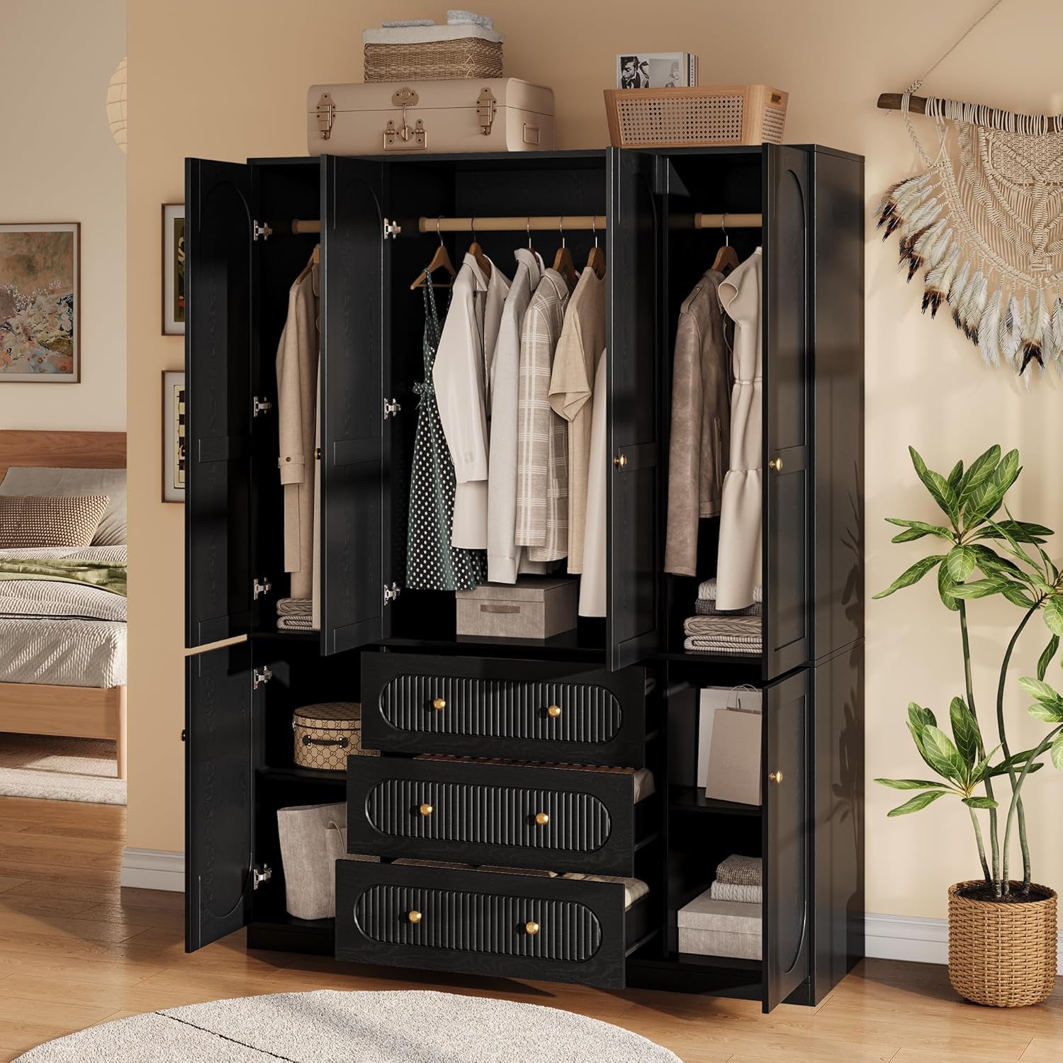 4 Doors Freestanding Armoire Wardrobe Closet, 72" Black Wardrobe Armoire Wooden Closet Large Capacity Storage with 3 Drawers & 3 Hanging Rod Shelves Clothes Organizer