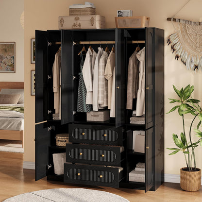 4 Doors Freestanding Armoire Wardrobe Closet, 72" Black Wardrobe Armoire Wooden Closet Large Capacity Storage with 3 Drawers & 3 Hanging Rod Shelves Clothes Organizer