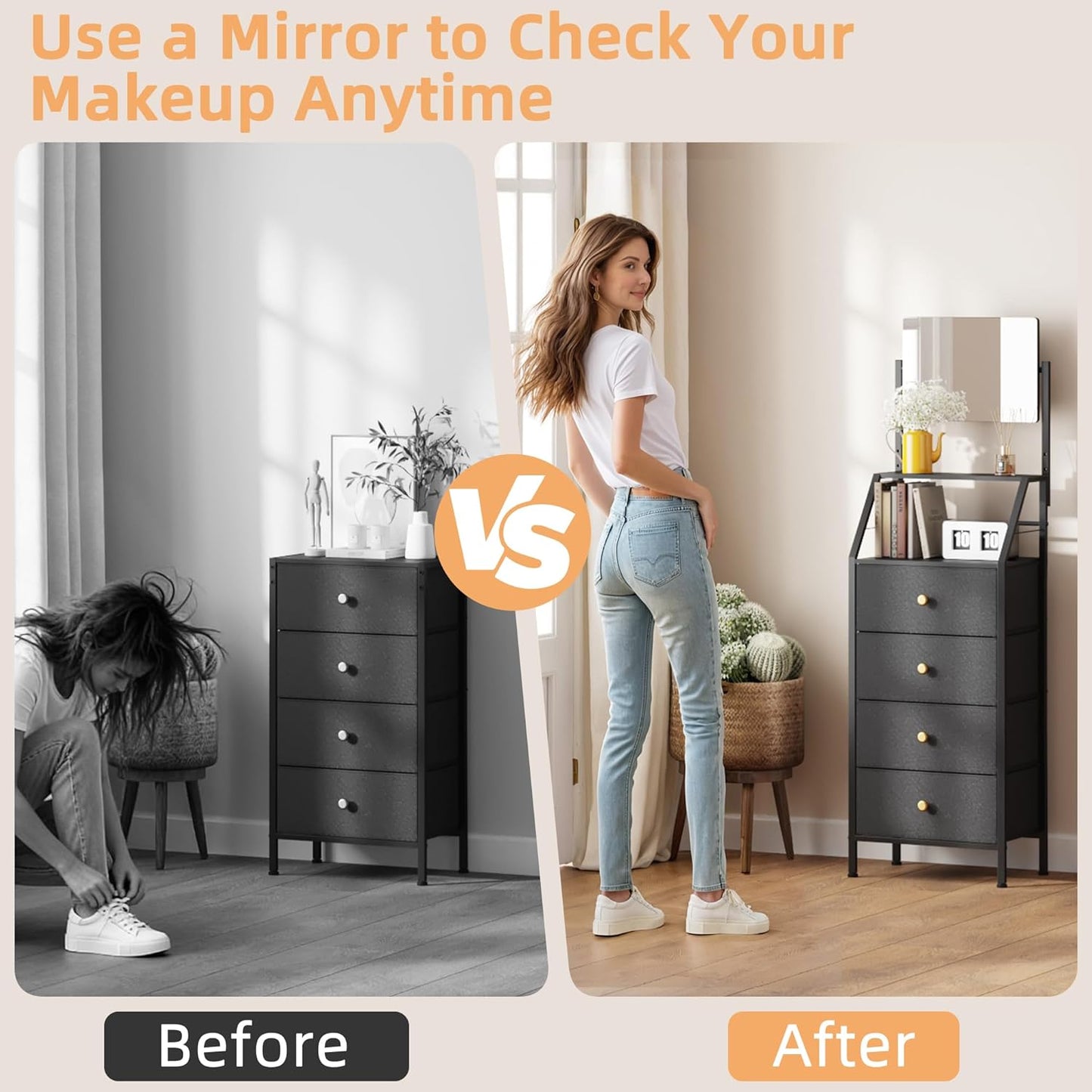 Dresser with Mirror, 4 Drawers Dresser with 2-Tier Shelves, Freestanding Fabric Chest of Drawers for Small Space, Tall Narrow Nightstand Vanity for Bedroom, Hallway, Dorm, Black, 15.3" W