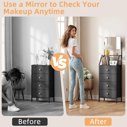 Dresser with Mirror, 4 Drawers Dresser with 2-Tier Shelves, Freestanding Fabric Chest of Drawers for Small Space, Tall Narrow Nightstand Vanity for Bedroom, Hallway, Dorm, Black, 15.3" W