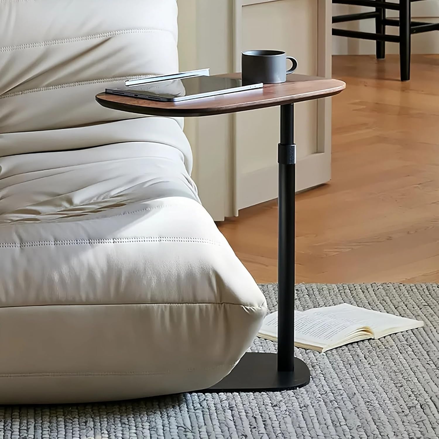 Modern Minimalist C Shaped Side Table, Wooden Sofa Table with Adjustable Height and Swivel Top, Laptop Desk for Living Room, Bedroom, Study and Small Spaces, Walnut Wood