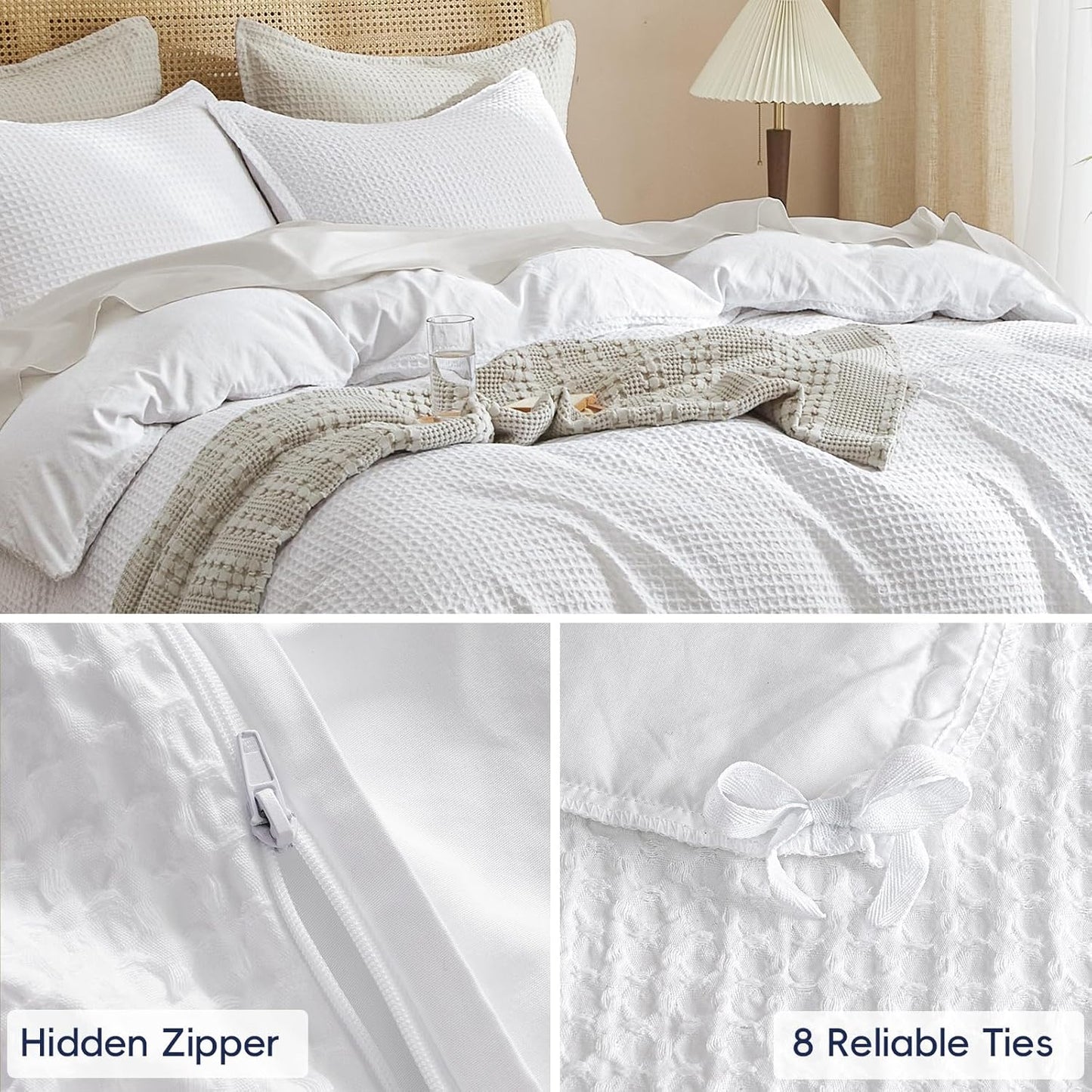 Waffle Weave Duvet Cover Set King Size, No Snagging Ultra Soft Luxury Textured Breathable Comforter Cover for All Season 3Pcs, Durable Bedding Duvet Set with 2 Pillow Shams, 104"X90", White