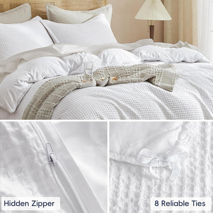 Waffle Weave Duvet Cover Set King Size, No Snagging Ultra Soft Luxury Textured Breathable Comforter Cover for All Season 3Pcs, Durable Bedding Duvet Set with 2 Pillow Shams, 104"X90", White
