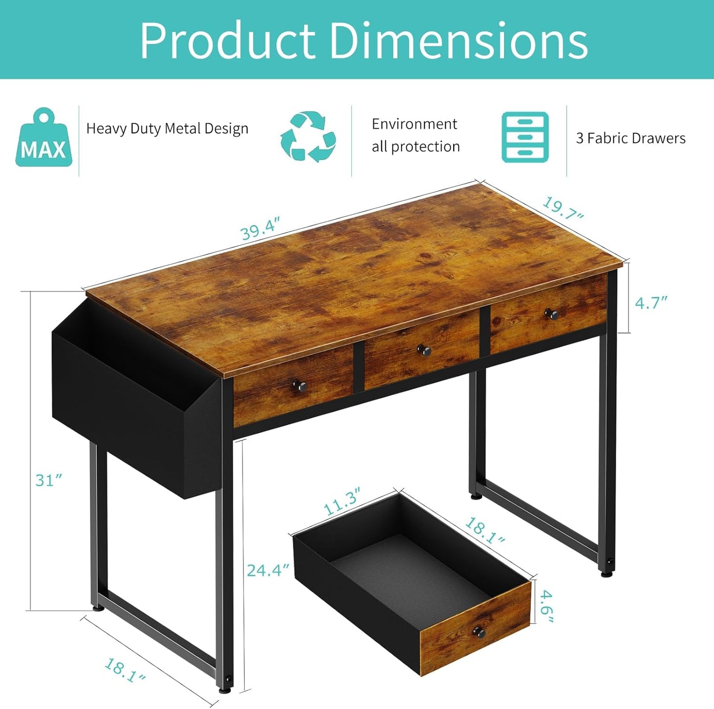 Small Computer Desk with 2 Drawers for Bedroom, 31 Inch Home Office Desk with Storage Fabric Drawer and Bag, Study Writing Table for Small Spaces, Rustic Brown